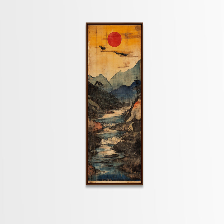 Red Sun Mountain River Wall Art, Japanese Waterfall Landscape Print For Japandi Home Decor And Serene Office Decor Poster