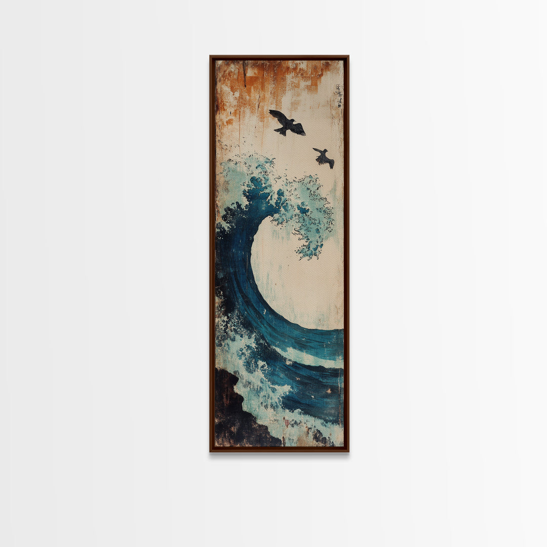 Teal Ocean Wave With Flying Birds Wall Art, Japanese Coastal Print For Bathroom Decor, Beach House Decor, And Gallery Wall