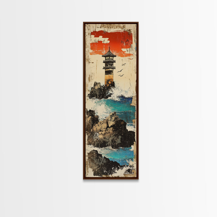 Cliffside Lighthouse Turquoise Sea Wall Art, Japanese Coastal Landscape Print For Beach House Decor And Nautical Office Decor