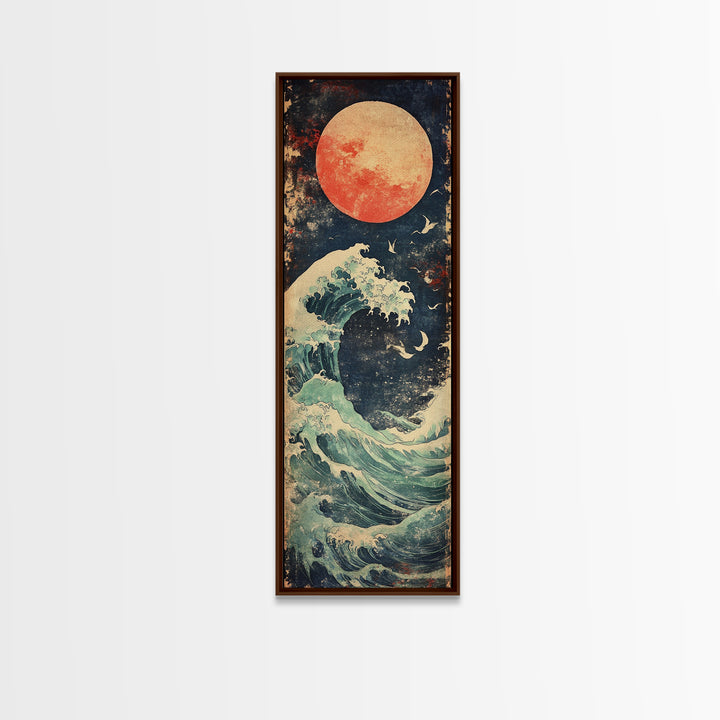 Full Moon Ocean Wave With Birds Framed Canvas Print, Japanese Coastal Wall Art For Beach House Decor And Moody Bedroom Decor