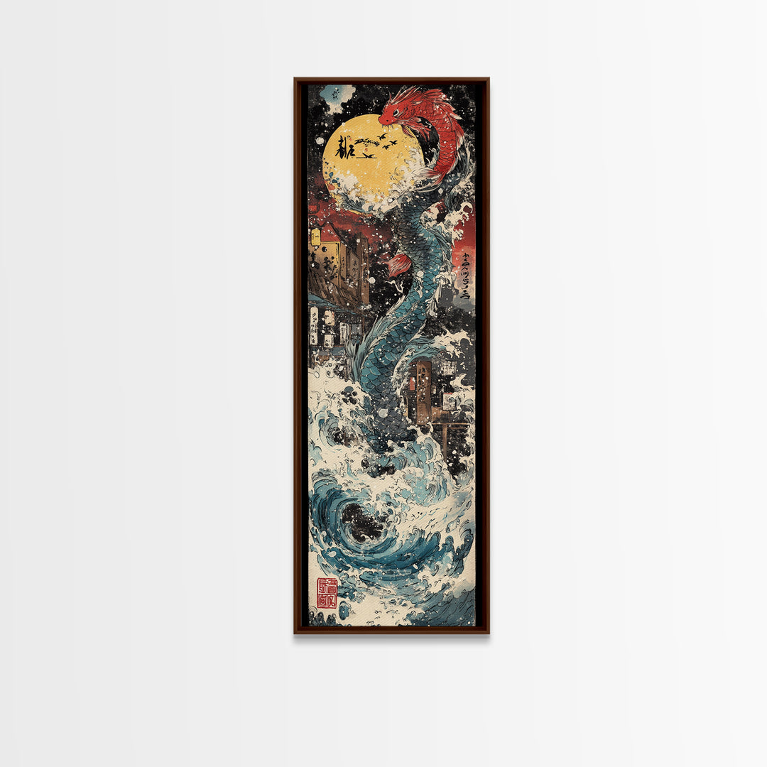 Red Dragon Moon And Crashing Waves Wall Art, Japanese Fantasy Sea Monster Canvas Print, Ukiyo E Ocean Decor Gift For Living Room