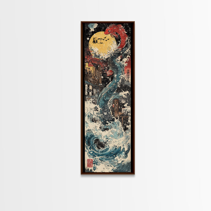 Red Dragon Moon And Crashing Waves Wall Art, Japanese Fantasy Sea Monster Canvas Print, Ukiyo E Ocean Decor Gift For Living Room