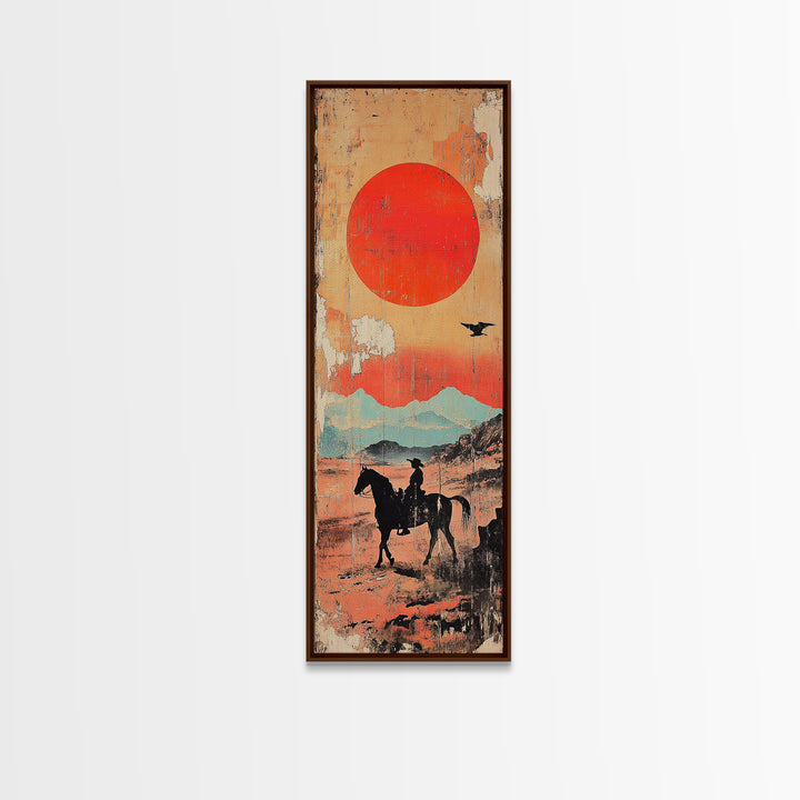 Horse Rider Under Red Sun Wall Art, Western Desert Landscape Canvas Print, Japanese Inspired Southwestern Living Room Home Decor