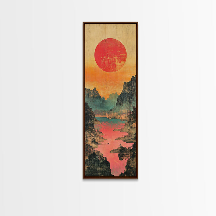 Red Sun Mountain River Valley Wall Art, Japanese Inspired Landscape Canvas Print, Teal Coral Nature Decor For Living Room