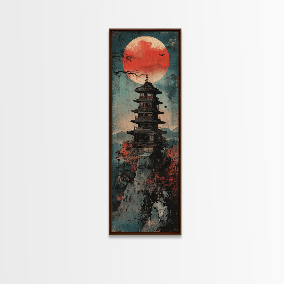 Red Sun Pagoda On Misty Mountain Wall Art, Japanese Landscape Canvas Print, Japandi Zen Decor, Asian Home Decor Gift For Living Room