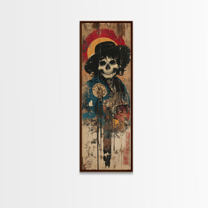 Skeleton Samurai With Red Halo Wall Art, Japanese Gothic Canvas Print, Dark Academia Decor, Macabre Warrior Gift For Him
