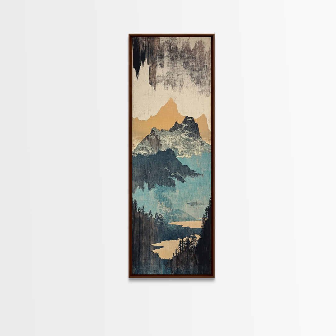 Misty Mountain Lake And Pines Wall Art, Japanese Landscape Canvas Print, Neutral Nature Decor, Large Vertical Art For Cabin
