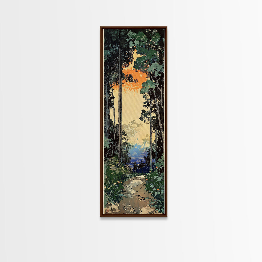 Sunlit Forest Path To Blue Water Wall Art, Japanese Nature Canvas Print, Green Woodland Decor, Calming Landscape Gift Idea