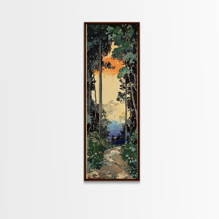 Sunlit Forest Path To Blue Water Wall Art, Japanese Nature Canvas Print, Green Woodland Decor, Calming Landscape Gift Idea