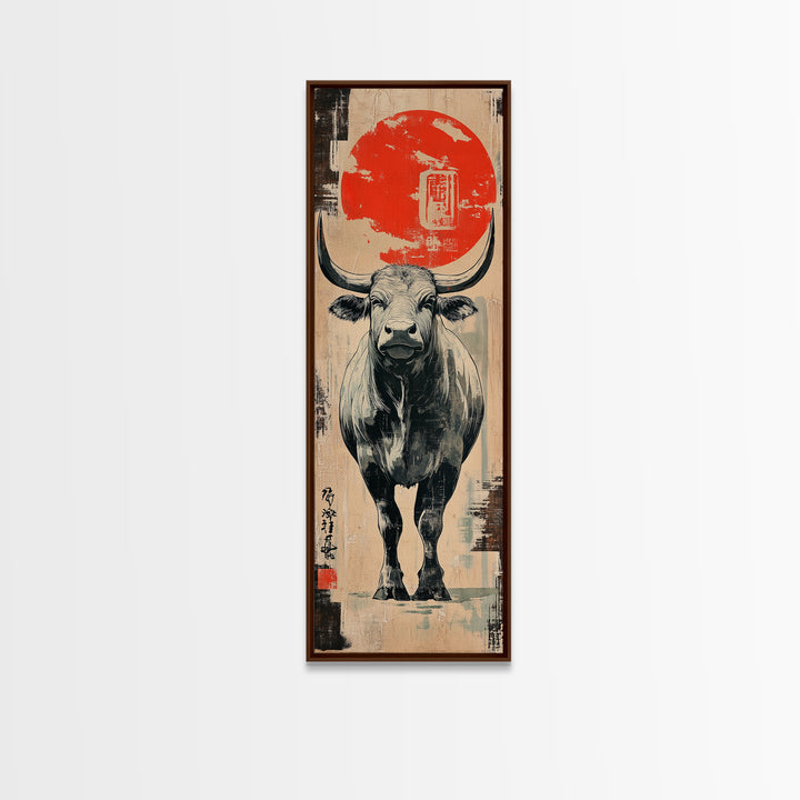 White Bull Beneath Rising Red Sun Wall Art, Japanese Animal Canvas Print, Rustic Farmhouse Decor, Bold Western Gift For Him
