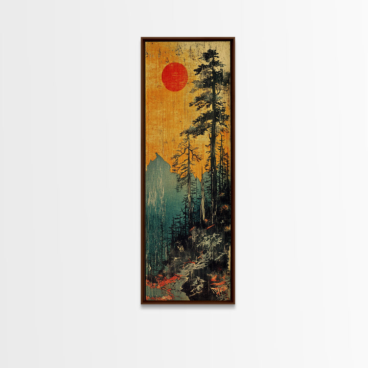 Tall Pines And Red Sun Mountain Wall Art, Japanese Forest Canvas Print, Rustic Cabin Decor, Nature Lover Gift For Home Decor