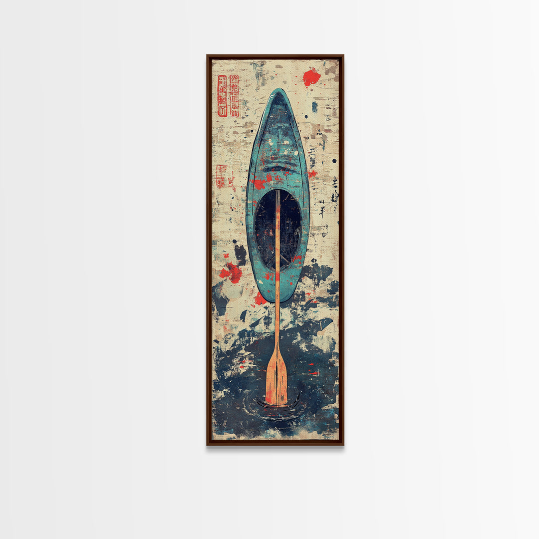 Blue Kayak Paddle On Ocean Waves Wall Art, Japanese Coastal Canvas Print, Nautical Decor, Beach House Decor Gift For Her