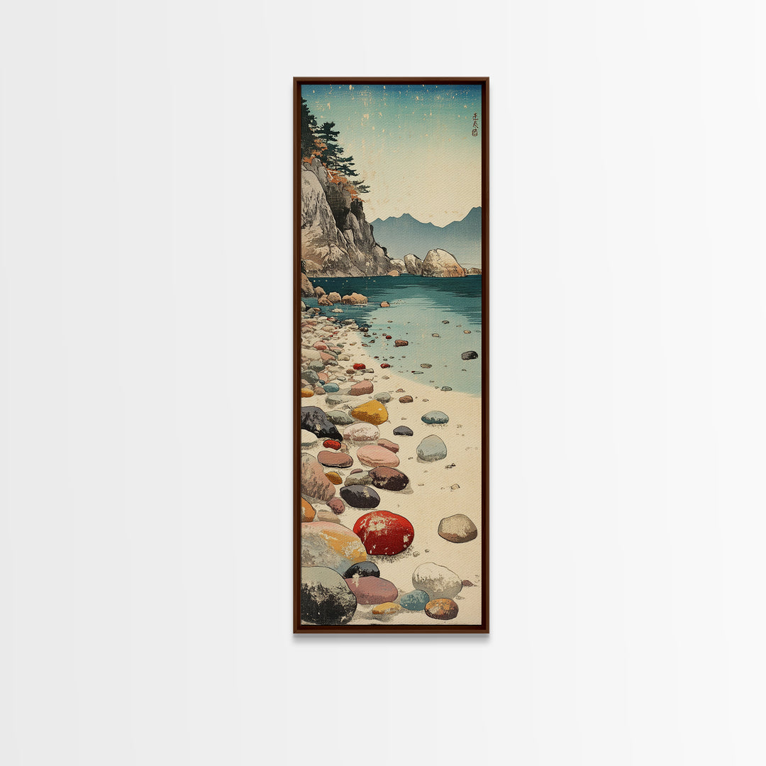 Turquoise Pebble Beach Wall Art, Coastal Mountain Cove Print, Ocean Landscape Decor, Nautical Canvas Print, Beach House Gift