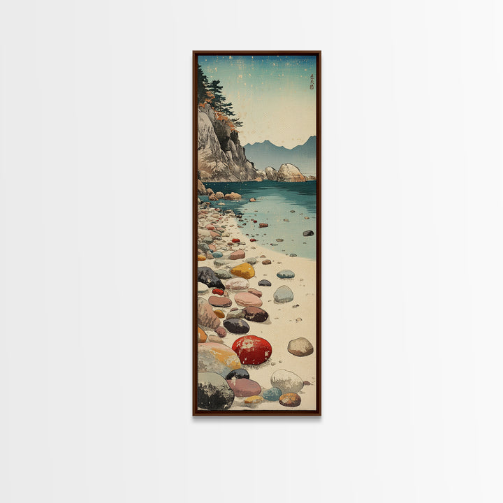 Turquoise Pebble Beach Wall Art, Coastal Mountain Cove Print, Ocean Landscape Decor, Nautical Canvas Print, Beach House Gift