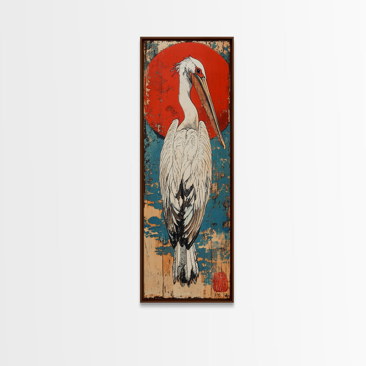 White Pelican Wall Art, Japanese Red Sun Bird Print, Coastal Wildlife Art, Asian Inspired Decor, Nautical Framed Canvas Print