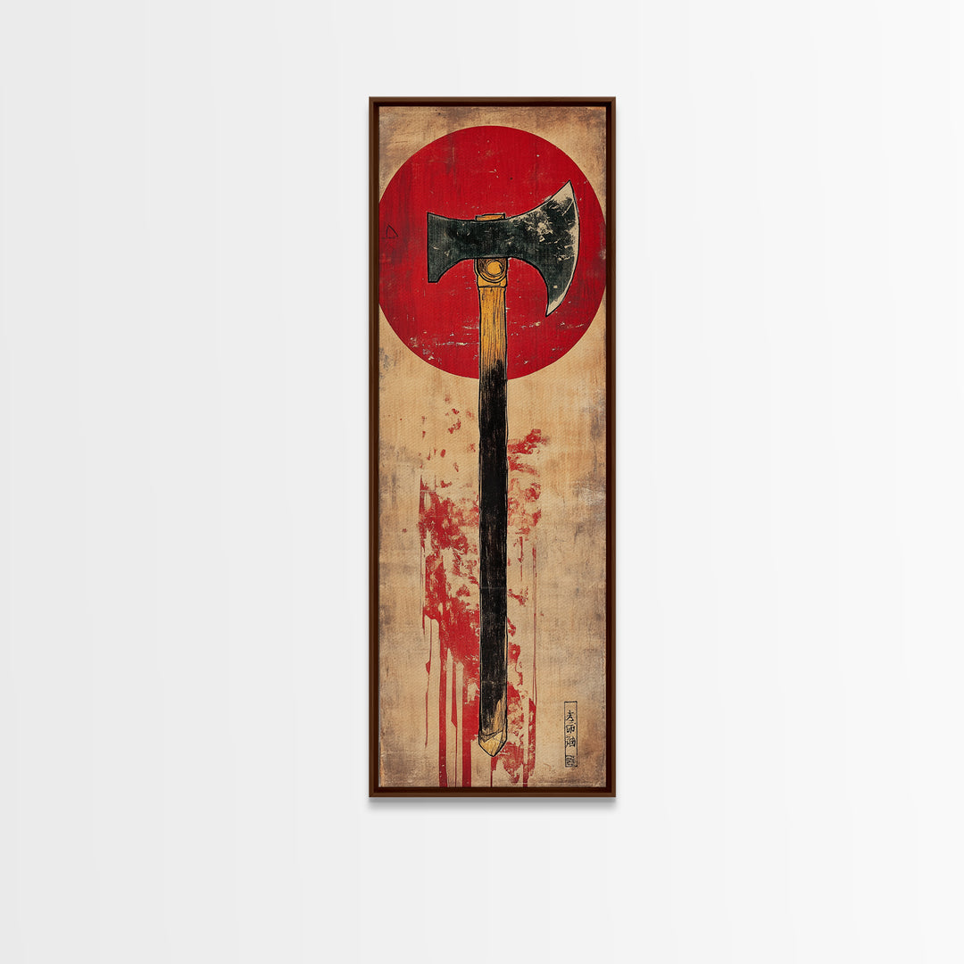 Rustic Axe Wall Art, Japanese Red Sun Tool Print, Samurai Inspired Decor, Masculine Office Decor, Framed Canvas Print, Gift For Him