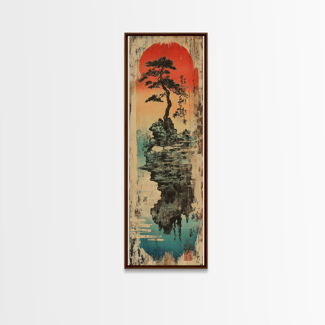 Japanese Bonsai Island Wall Art, Red Sun Zen Landscape Print, Japandi Wall Decor, Asian Inspired Canvas Print, Tranquil Decor