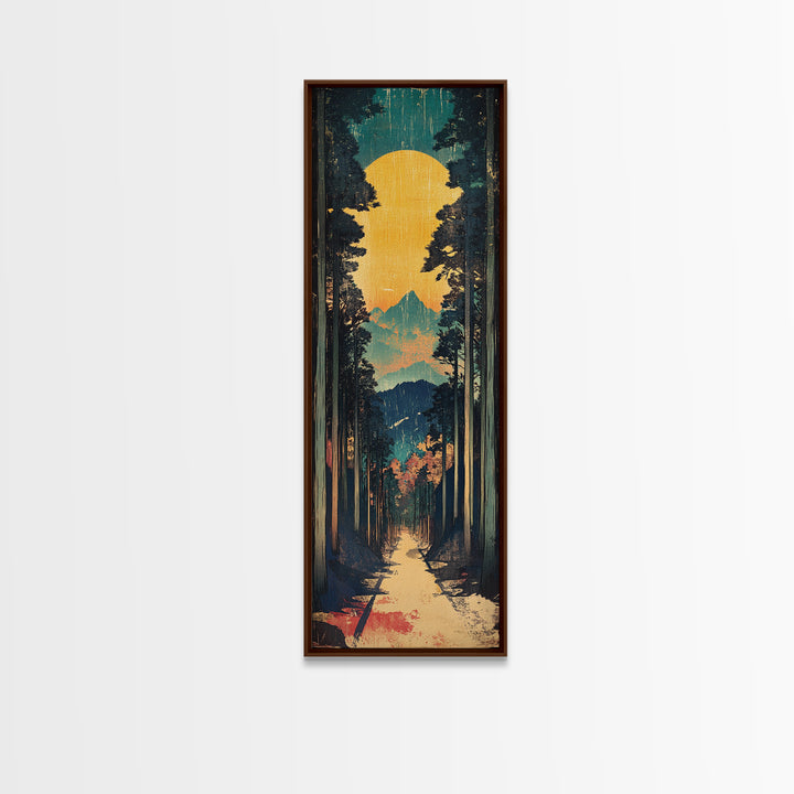 Sunlit Forest Path And Mountain View Framed Canvas Print, Japanese Wall Art, Japandi Nature Decor, Tall Narrow Landscape