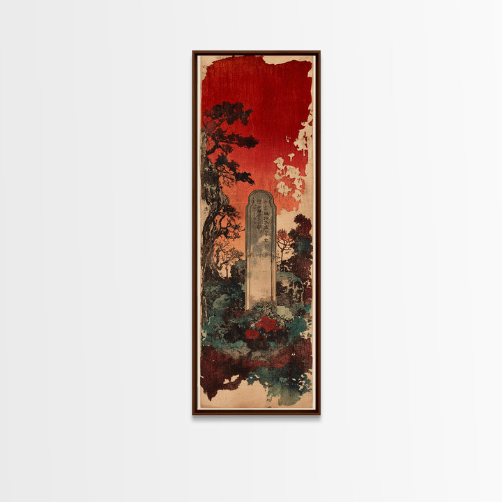 Ancient Stone Grave Under Crimson Sky Canvas Print, Gothic Japanese Wall Art, Dark Academia Decor, Moody Cemetery Artwork
