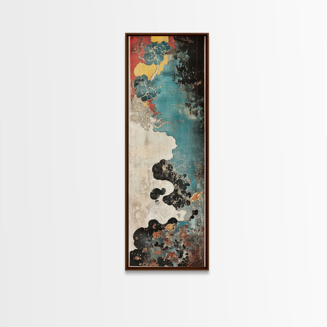 Turquoise Cloudscape With Red Moon Wall Art, Abstract Japanese Canvas Print, Moody Coastal Decor, Teal Black Statement Art