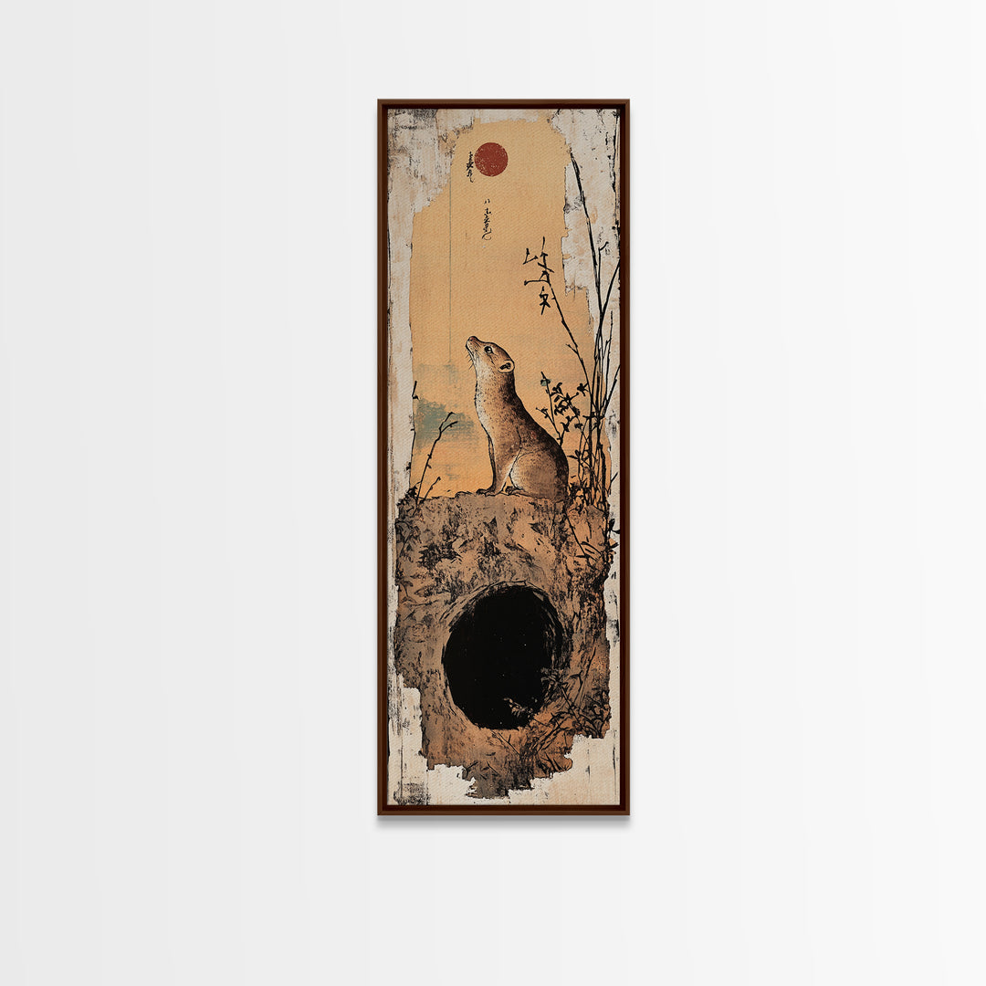 Prairie Dog At Burrow Under Red Moon Canvas Print, Whimsical Animal Wall Art, Japanese Nature Decor, Nursery Art Print, Kids Room Decor