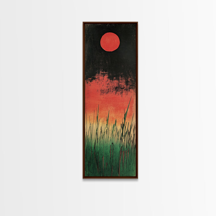 Red Sun Marsh Grass Canvas Print, Japanese Inspired Landscape, Moody Black And Green Wall Decor, Modern Nature Wall Art Print