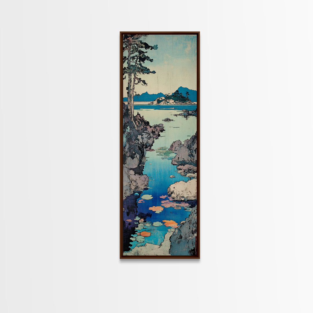 Rocky Coastal Cove Framed Canvas Print, Japanese Landscape Wall Art, Blue Ocean Decor, Serene Living Room Nature Art Print