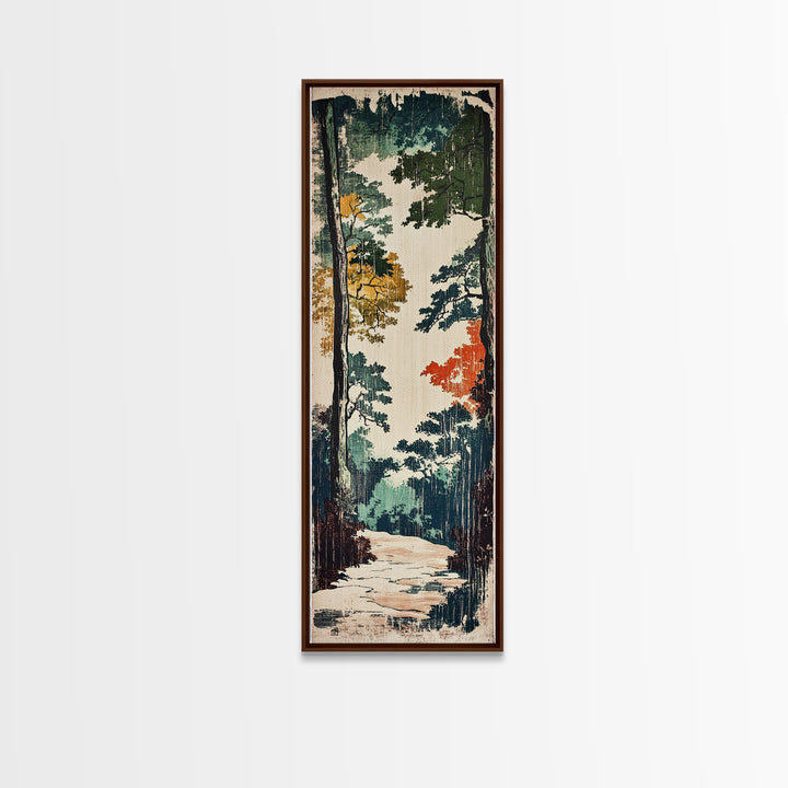 Autumn Forest Path Wall Art, Japanese Woodland Landscape Canvas, Rustic Cabin Decor, Nature Art Print For Living Room Decor