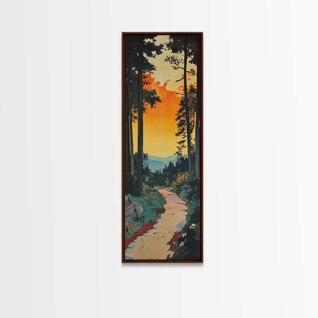 Sunset Forest Trail Canvas Print, Mountain Path Landscape Living Room Wall Art, Rustic Cabin Decor, Orange Sky Nature Art Print