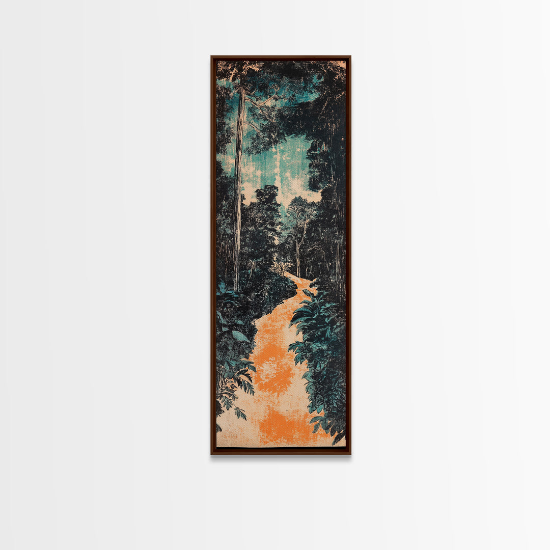 Teal Jungle Path At Dawn Wall Art, Japanese Landscape Print, Nature Wall Decor, Long Vertical Art, Moody Living Room Decor