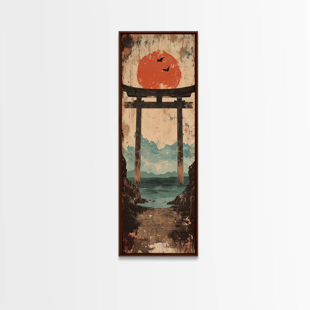 Red Sun Torii Gate Over Sea Framed Canvas Print, Japanese Wall Art, Coastal Landscape, Zen Home Decor, Entryway Wall Decor