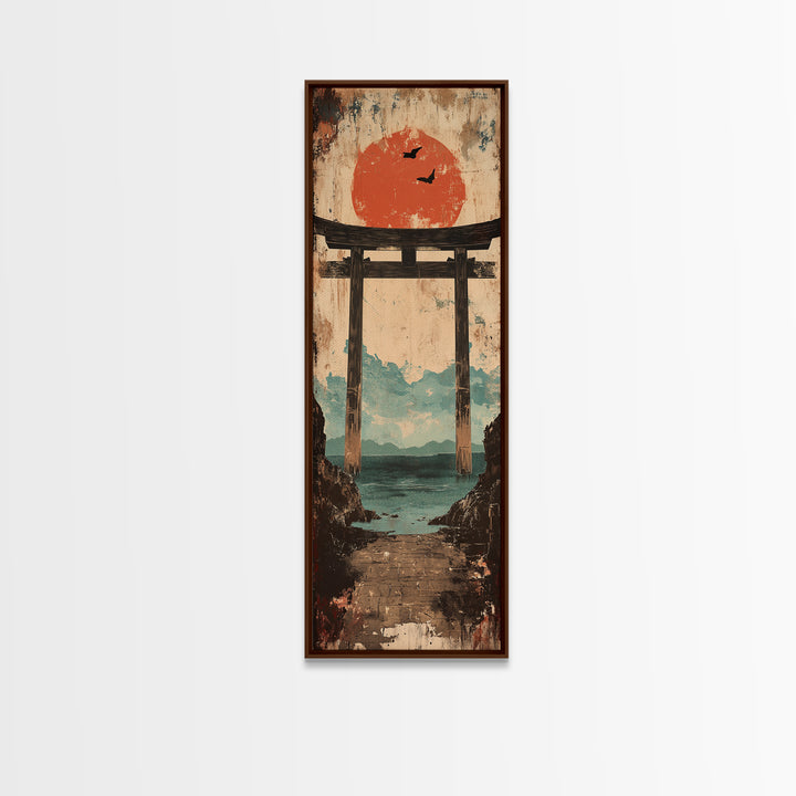 Red Sun Torii Gate Over Sea Framed Canvas Print, Japanese Wall Art, Coastal Landscape, Zen Home Decor, Entryway Wall Decor