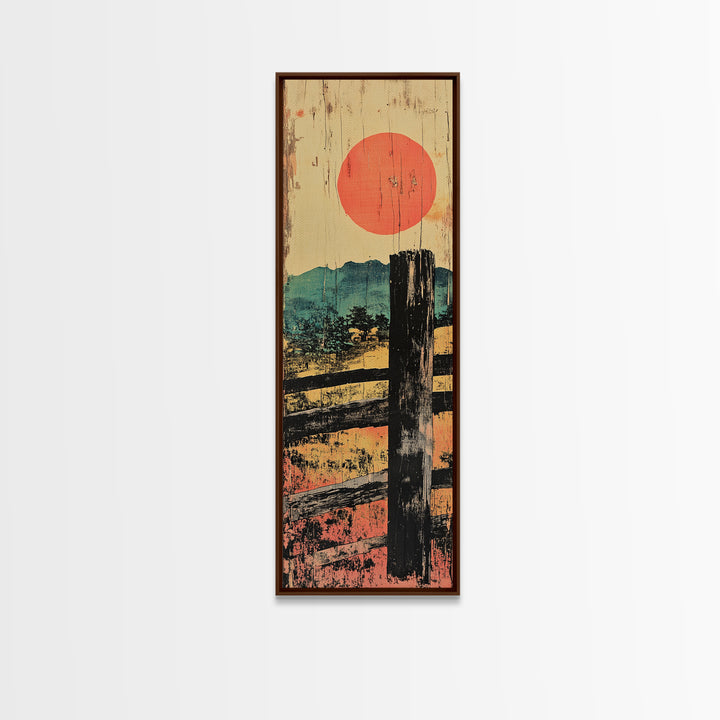 Rustic Fence And Red Sun Canvas Print, Japanese Countryside Landscape Wall Art, Japandi Decor, Earth Tone Living Room Art