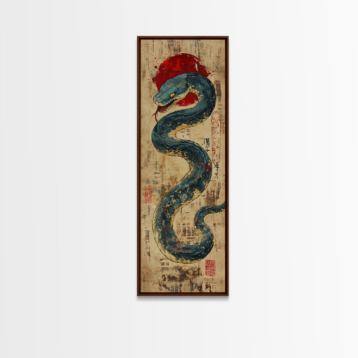 Blue Serpent With Red Sun Wall Art, Japanese Snake Illustration, Ukiyo-E Style Canvas Print, Mystical Asian Wall Decor, Office Decor