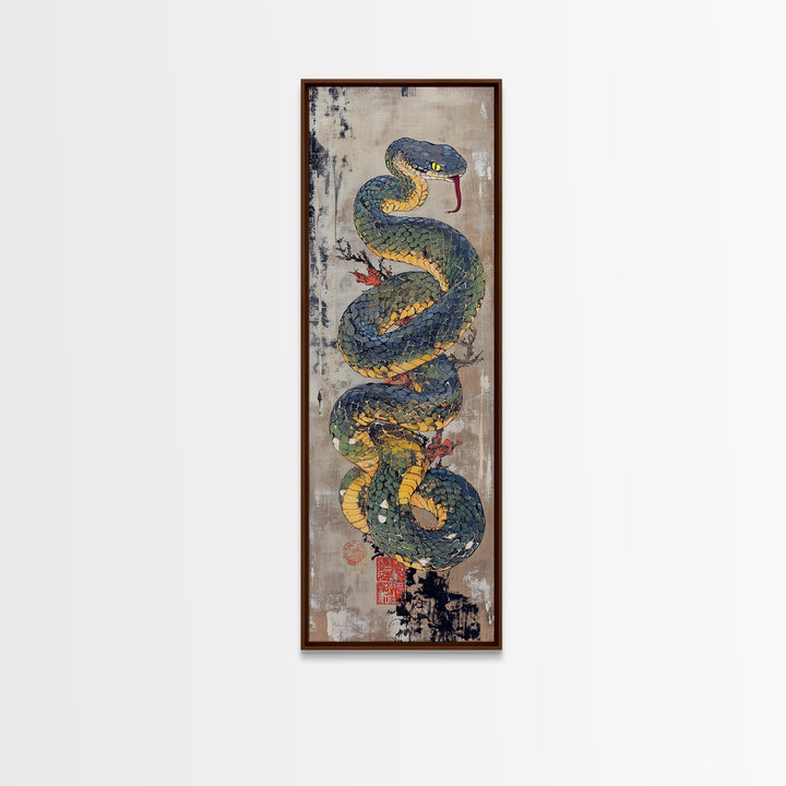 Coiled Blue Viper Snake Canvas Print, Japanese Animal Wall Art, Ukiyo-E Serpent Poster, Dark Academia Office Wall Decor Print