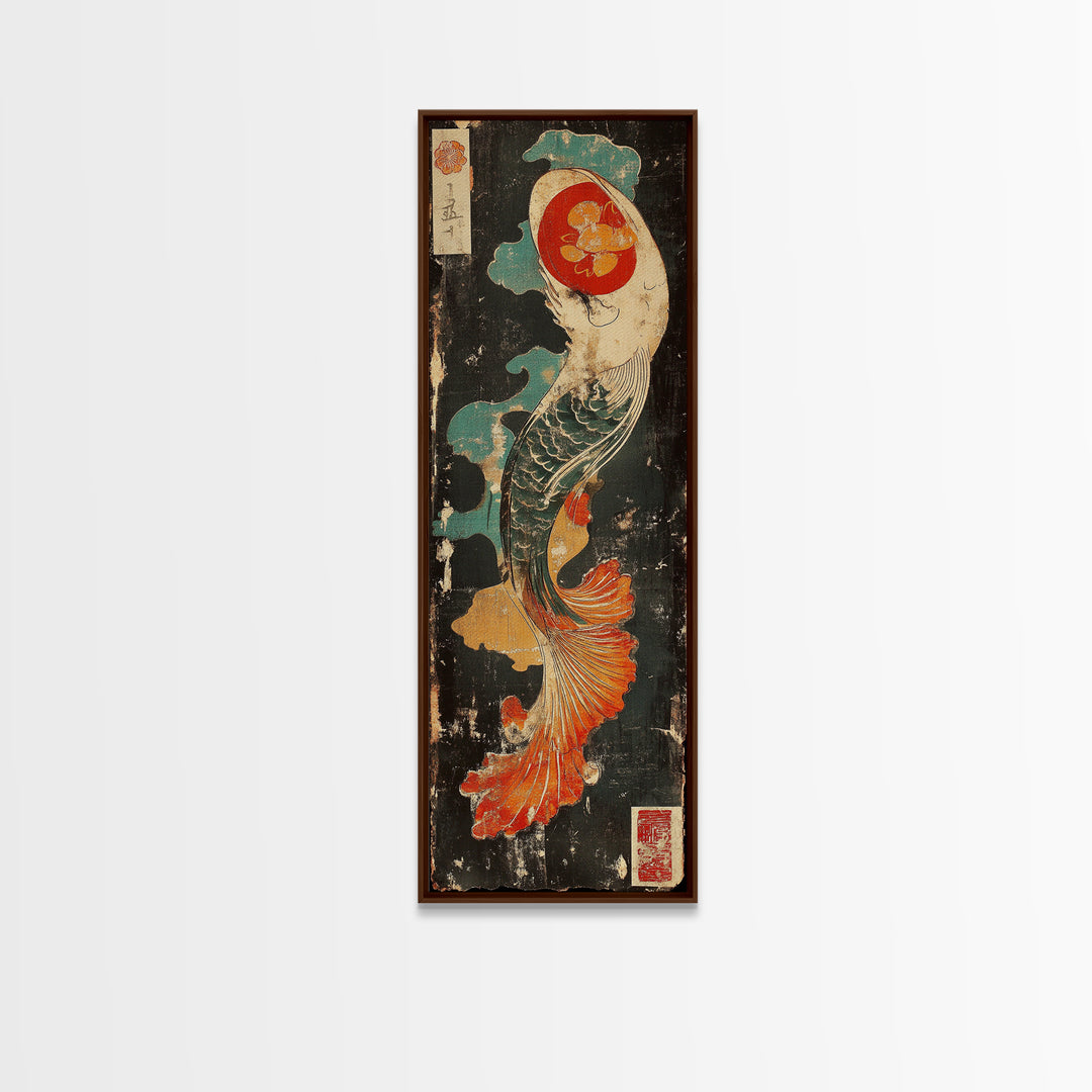 Graceful Koi Fish In Waves Wall Art, Japanese Canvas Print, Asian Inspired Decor, Coastal Bathroom Art, Zen Living Room Decor