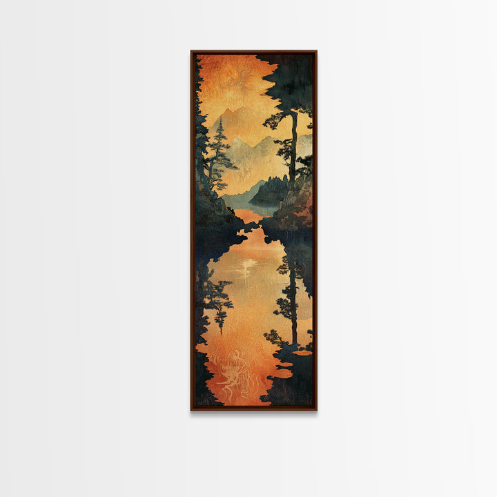 Golden Mountain Lake Sunset Wall Art, Pine Forest Landscape Canvas Print, Rustic Cabin Decor, Framed Canvas Print For Living Room