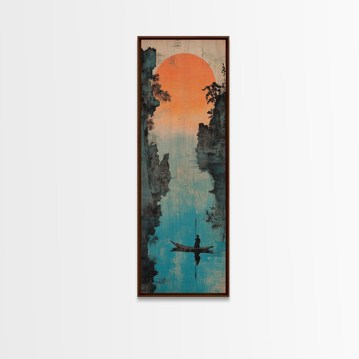 Misty River Canyon With Orange Sun Wall Art, Asian Landscape Canvas Print, Serene Fisherman Boat Framed Canvas Print Wall Decor