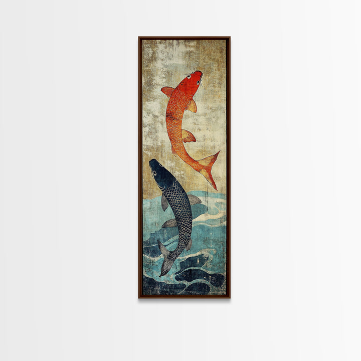 Orange And Black Koi Fish Wall Art, Japanese Koi Canvas Print, Coastal Fish Decor, Framed Canvas Print For Bathroom And Spa Decor