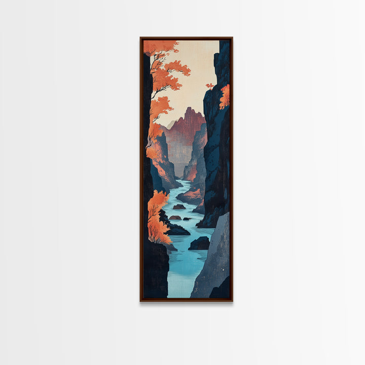 Autumn Canyon River Canvas Print, Japanese Landscape Wall Art, Orange Fall Trees, Moody Mountain Decor, Long Narrow Print