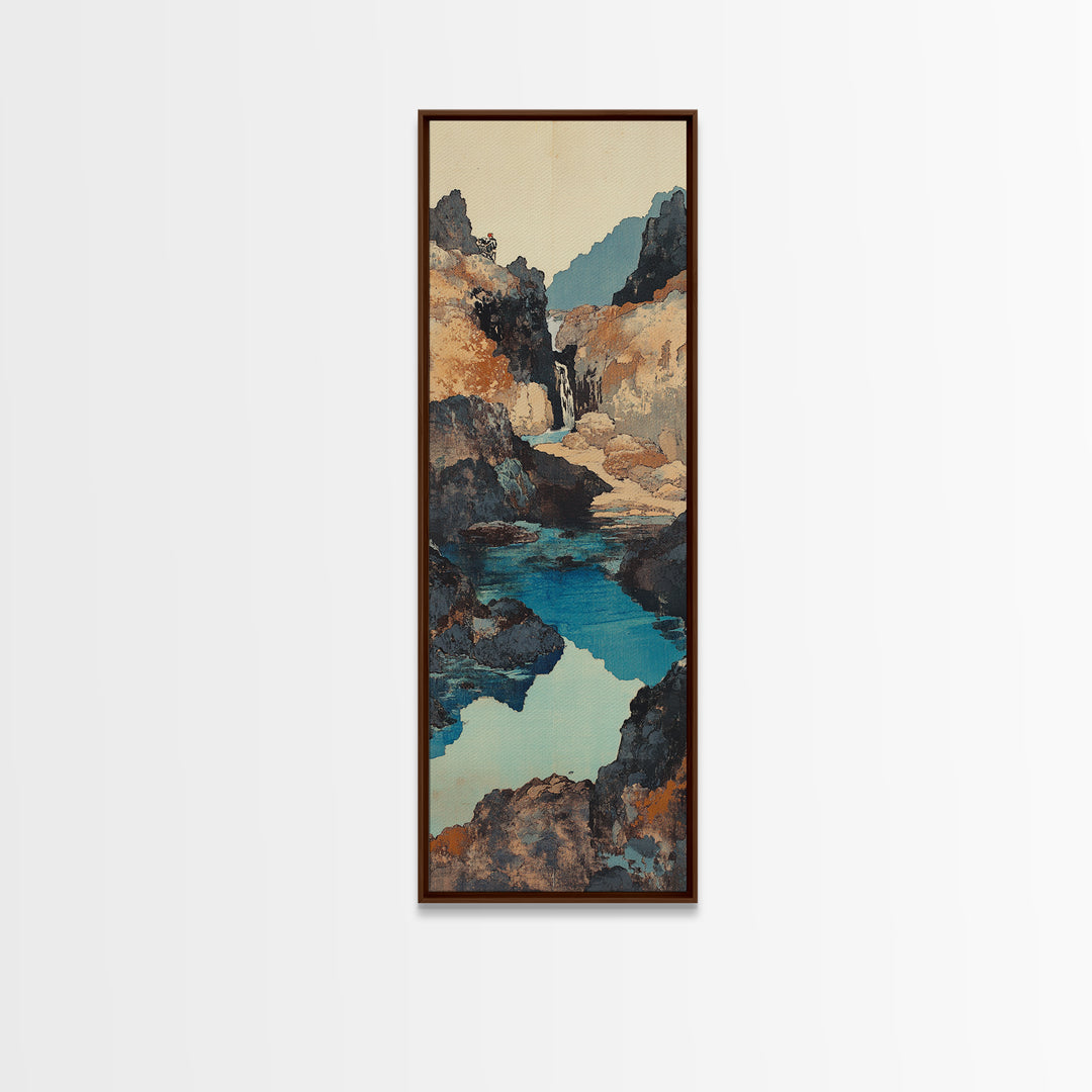 Turquoise Canyon Waterfall Framed Canvas Print, Mountain River Wall Art, Rustic Nature Decor, Japandi Long Narrow Wall Art