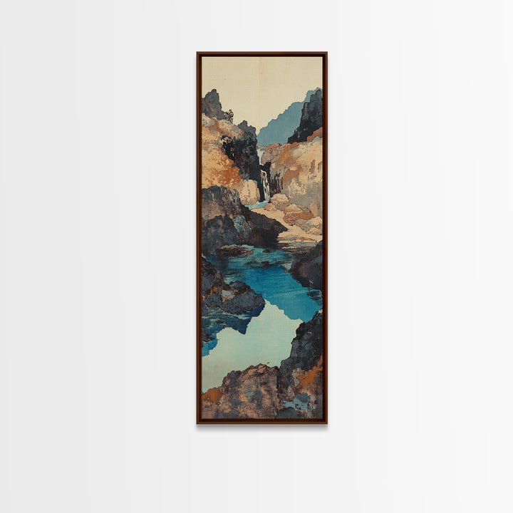 Turquoise Canyon Waterfall Framed Canvas Print, Mountain River Wall Art, Rustic Nature Decor, Japandi Long Narrow Wall Art