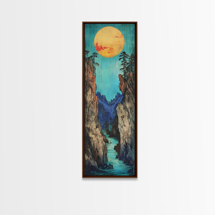 Turquoise Canyon River And Golden Sun Wall Art, Japanese Landscape Print, Japandi Wall Decor, Tall Canvas Art For Entryway