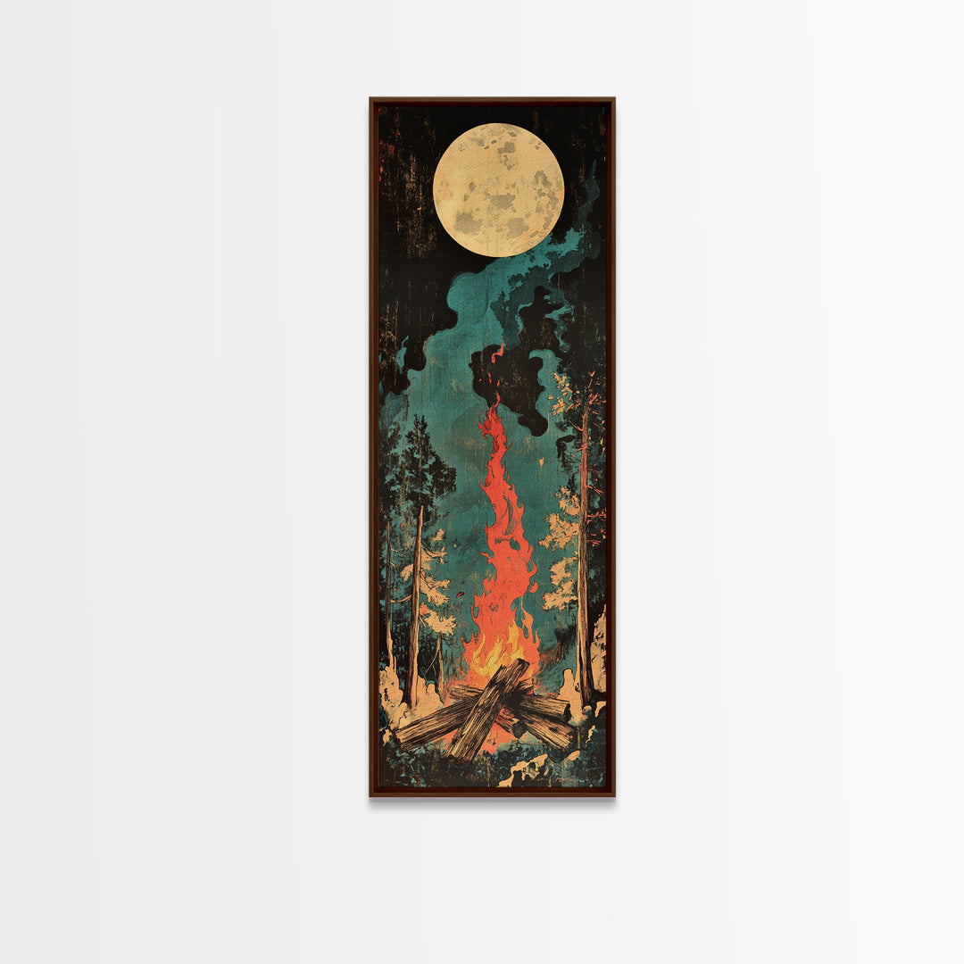 Full Moon Campfire Forest Wall Art, Dark Pine Woodland Canvas, Cozy Cabin Decor, Rustic Nature Print, Lodge Gift For Him