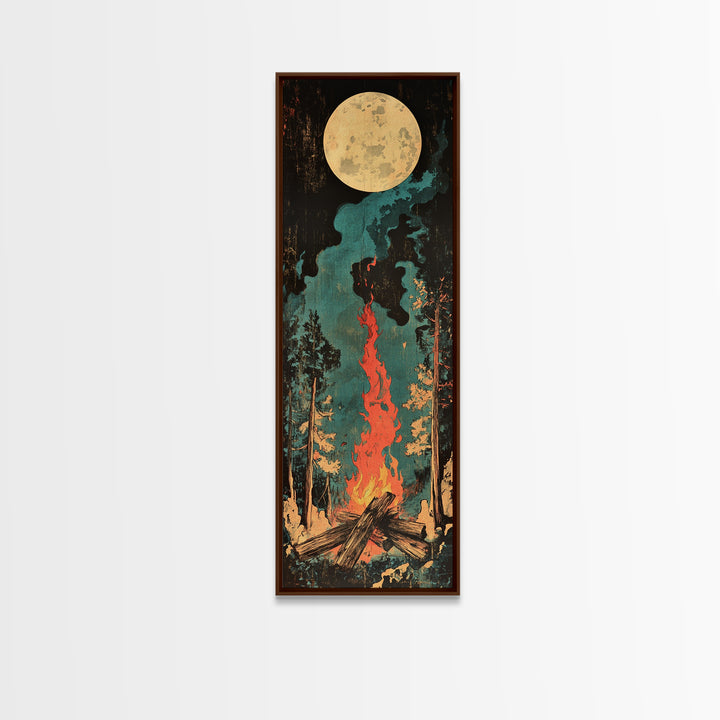 Full Moon Campfire Forest Wall Art, Dark Pine Woodland Canvas, Cozy Cabin Decor, Rustic Nature Print, Lodge Gift For Him