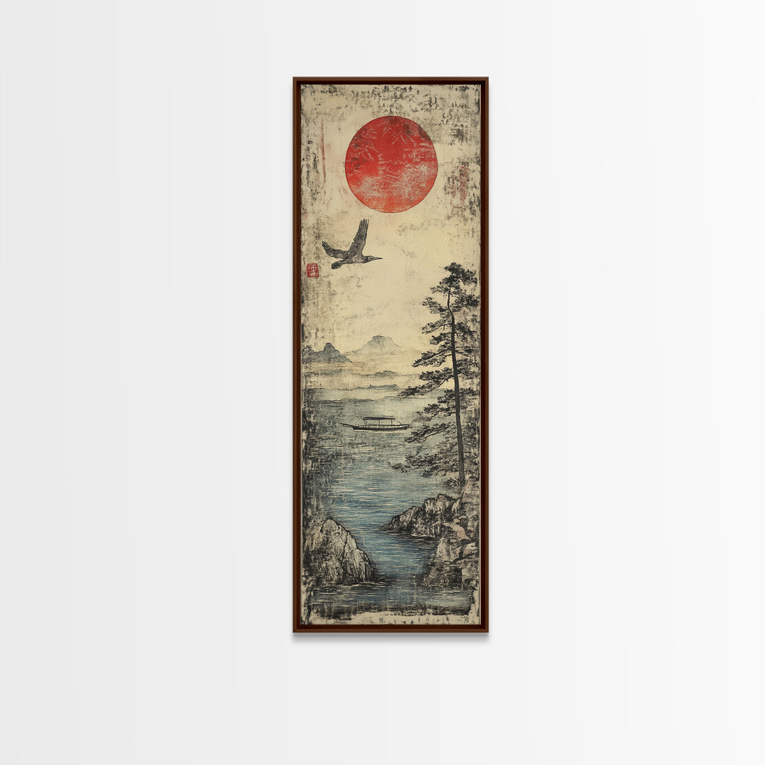 Red Sun Over Misty Coastal Lake Wall Art, Japanese Landscape Print, Crane Bird Scene, Zen Nature Decor For Living Room, Home Decor