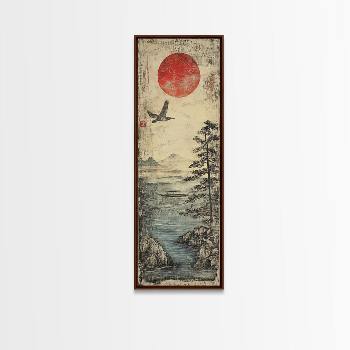 Red Sun Over Misty Coastal Lake Wall Art, Japanese Landscape Print, Crane Bird Scene, Zen Nature Decor For Living Room, Home Decor
