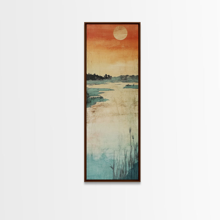 Orange Sunset Marsh Landscape Canvas Print, Minimal Japanese Seascape, Coastal Wall Art, Calm Bedroom Decor, Zen Home Decor