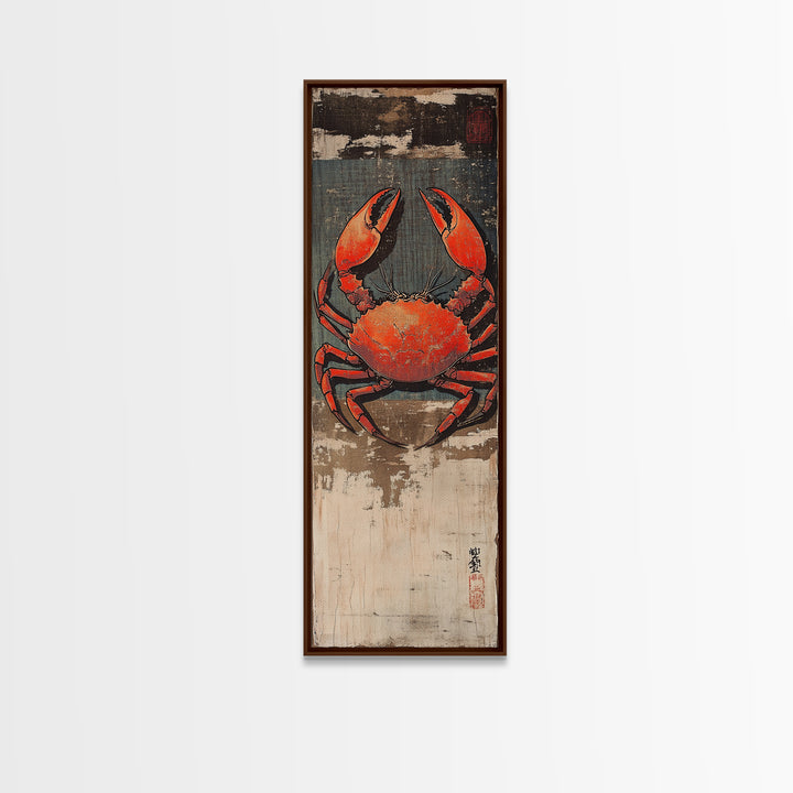 Bright Red Crab On Weathered Wood Wall Art, Nautical Japanese Seafood Print, Coastal Kitchen Decor, Beach House Canvas Print