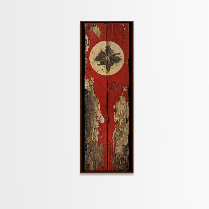 Rustic Red Door With White Sun Wall Art, Weathered Japanese Texture Print, Narrow Vertical Decor, Wabi Sabi Canvas Print